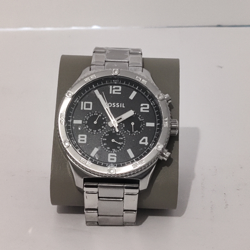 FOSSIL Brox Mens Multifunction Watch, Large Black Dial, Silver Stainless Steel